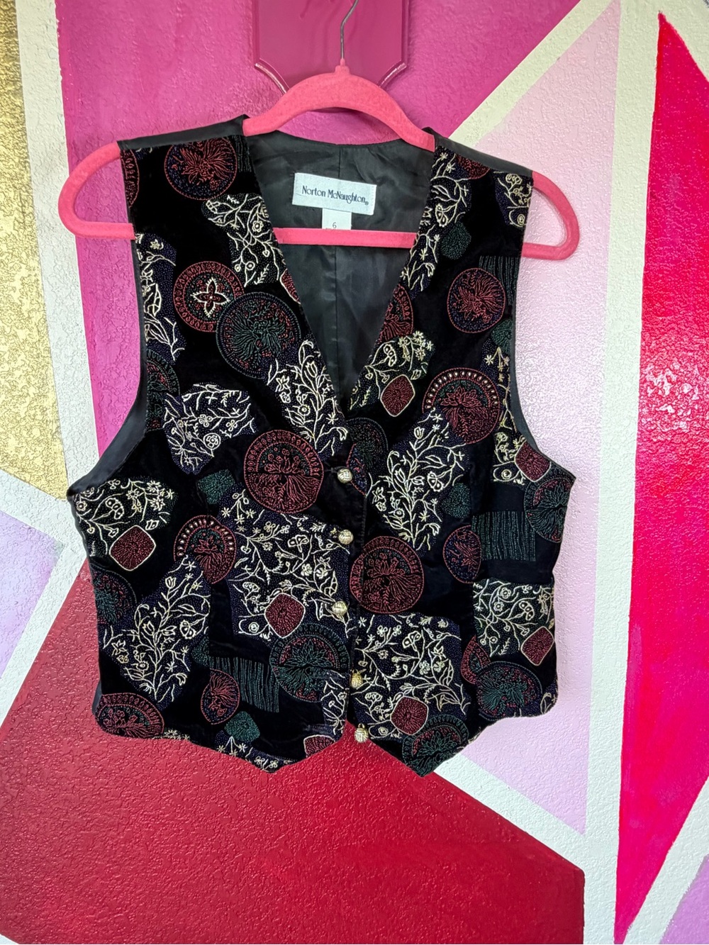 Vintage Norton McNaughton Velvet Tapestry Vest Sz 6 Gold Buttons USA Made